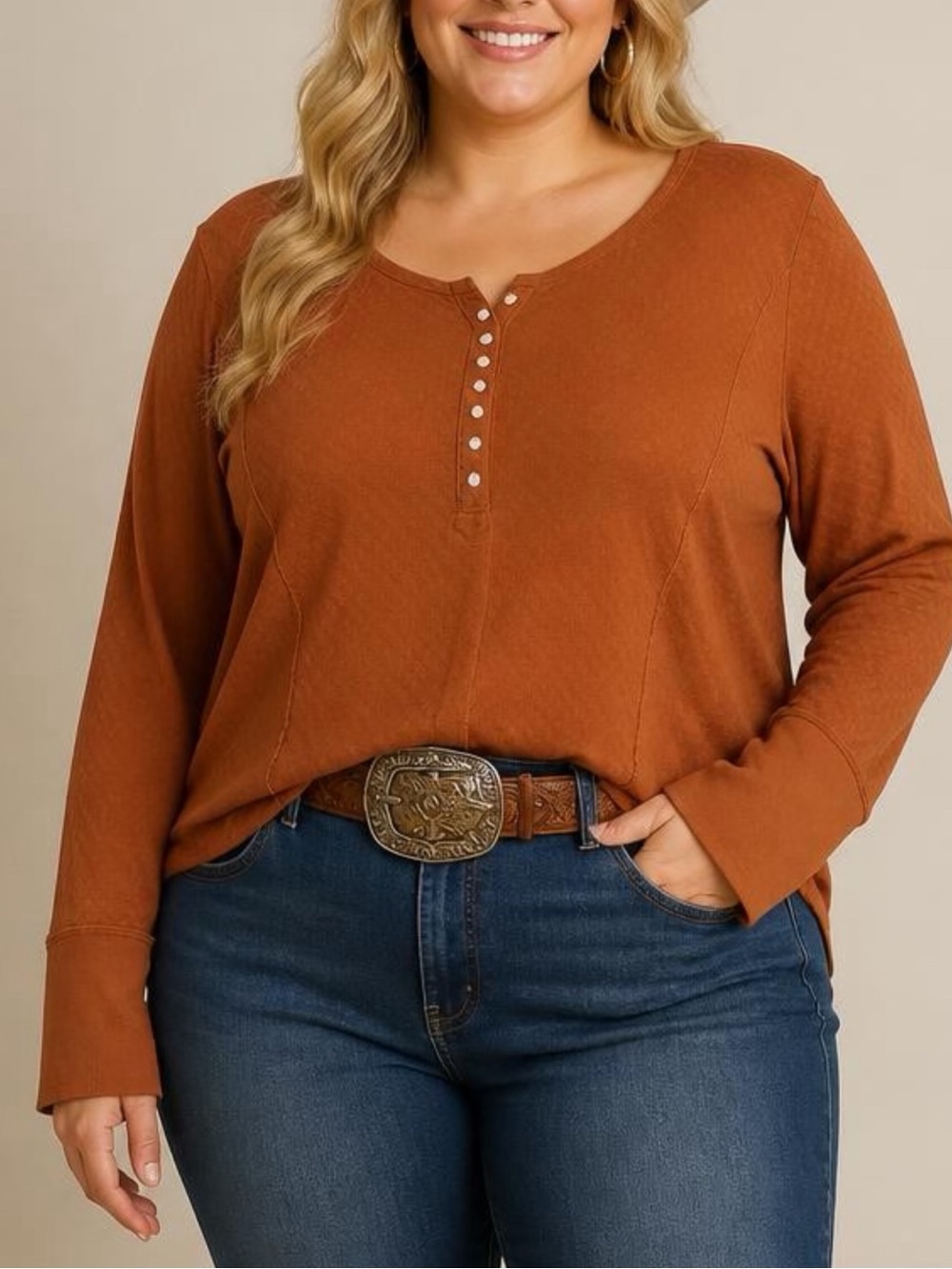 Idyllwind pearl knit Henley Long Sleeve Top - Rust pearl buttons Miranda lambert